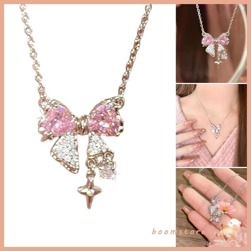 Boom Delicate Pink Bowknot Pendant Necklace สร้อยคอโซ่เนื้อโลหะผสมสังกะสี X042