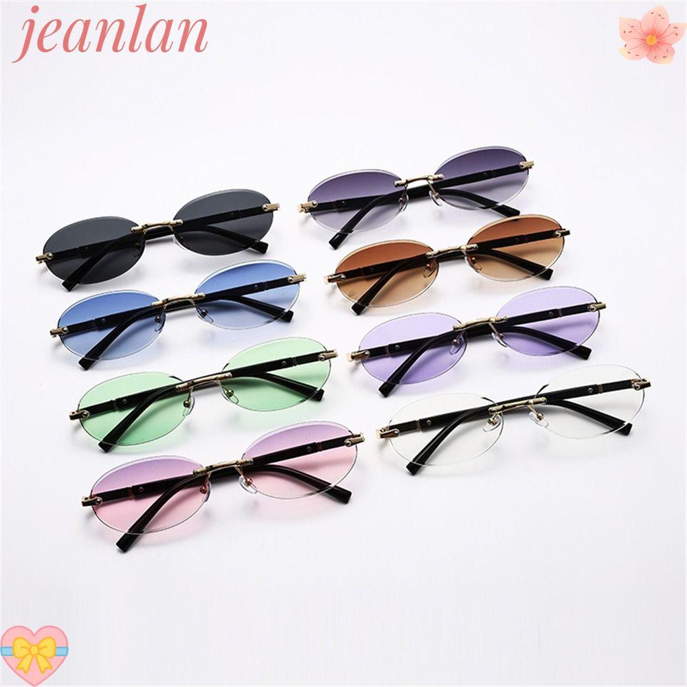 Jeanlan Punk Shades, Cut-Edge Frameless Oval Frame แว่นตากันแดดสไตล์เรโทร Street สไตล์ UV400 ป้องกัน Hip-Hop สําหรับผู้หญิง