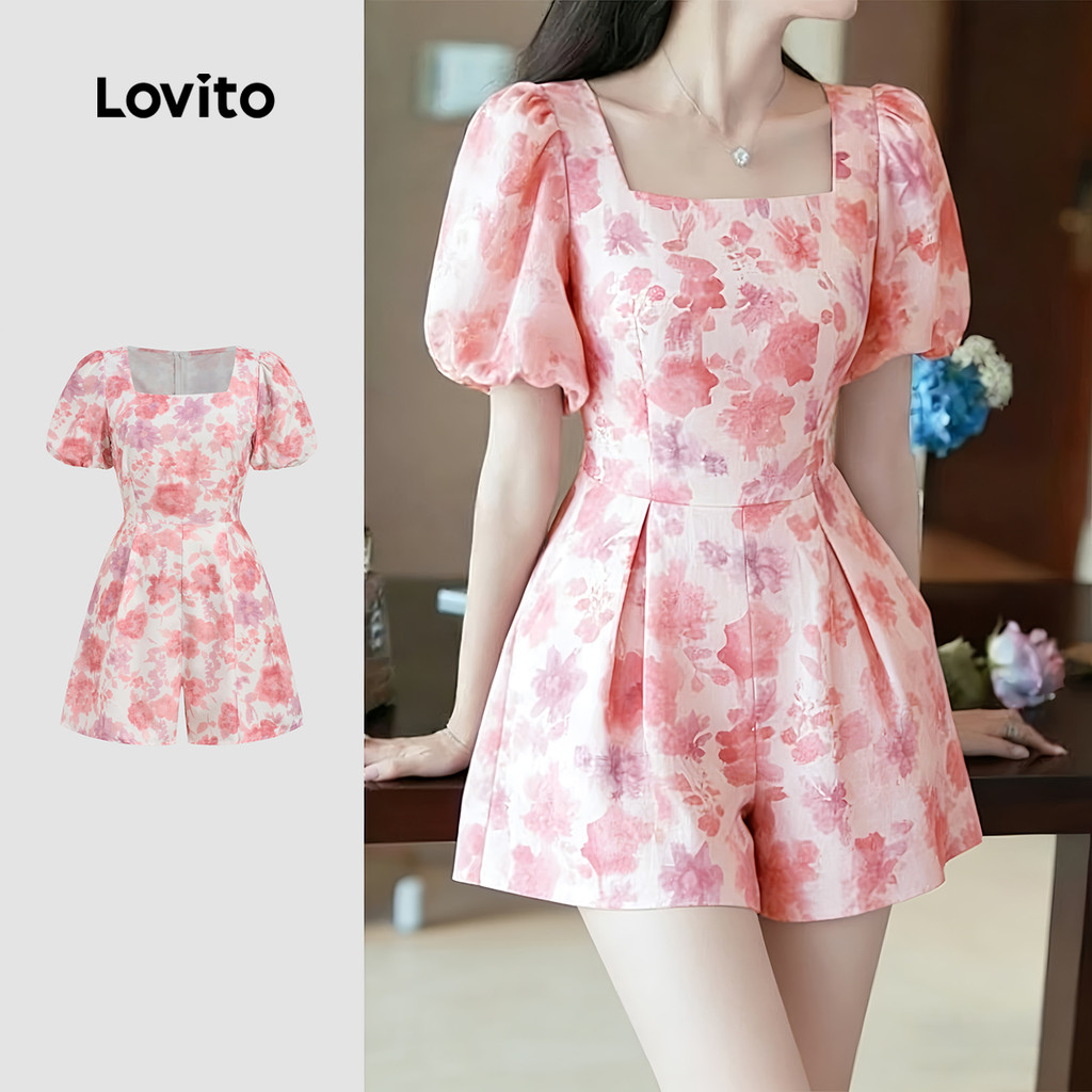 (NEW) Lovito  จั๊มสูทโบโฮ ซิปสปริง/ฤดูร้อน สีชมพู จั๊มสูทสําหรับผู้หญิง L177ED086