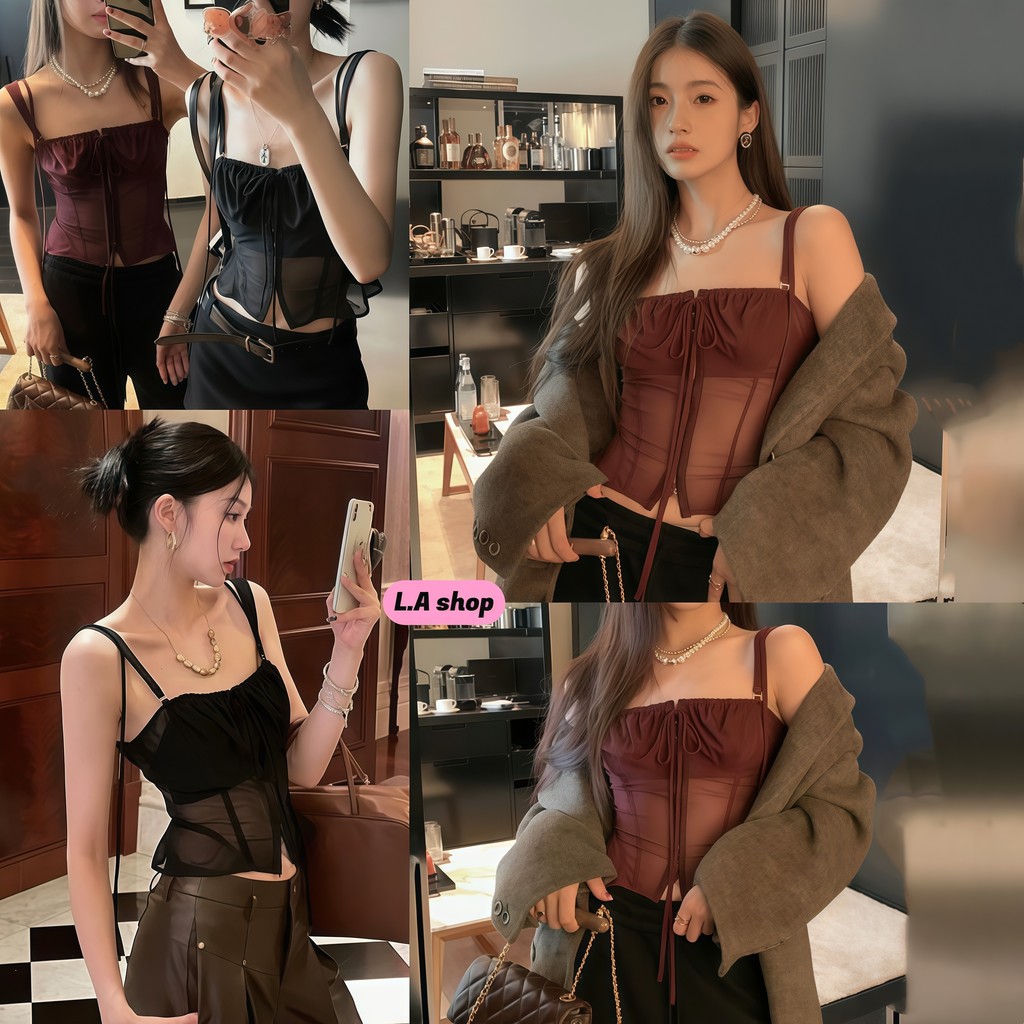L.A Shop★เสื้อคุณภาพดี เสื้อแฟชั่นผู้หญิง เสื้อครอป สายเดี่ยว สไตล์เกาหลี ผ้าบางโปร่งใส -FY1088