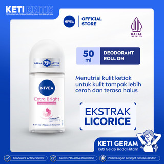 NIVEA Deodorant Roll On Extra Bright Radiant & Smooth 50ml - Deodoran wanita mencerahkan ketiak brightening glowing wangi segar tahan lama seharian anti bau badan keringat - Vitamin C, Ekstrak Licorice, 0% alkohol cocok semua jenis kulit