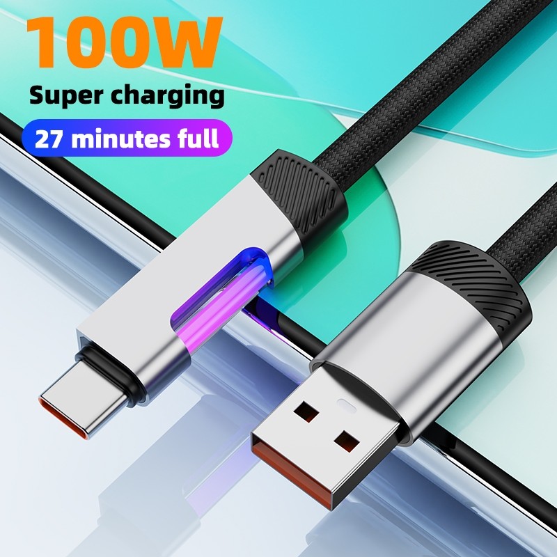 6A 100W สายชาร์จ RGBสายเคเบิลข้อมูลแสงหายใจบรรยากาศรถยนต์ USB Type C PD สายชาร์จเร็ว สำหรับมือถือและแท็บเล็ต สายชาร์จ