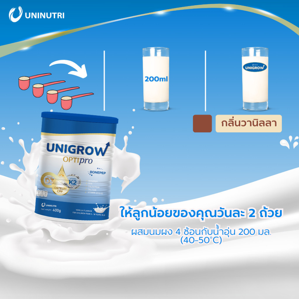 1กล่องเพิ่มความสูงUnigrow Optipro นมยูนิโกรว์ ผสมแคลเซียม รสวานิลลา เพิ่มความสูง เสริมภูมิคุ้มกัน สำหรับเด็ก (400g)