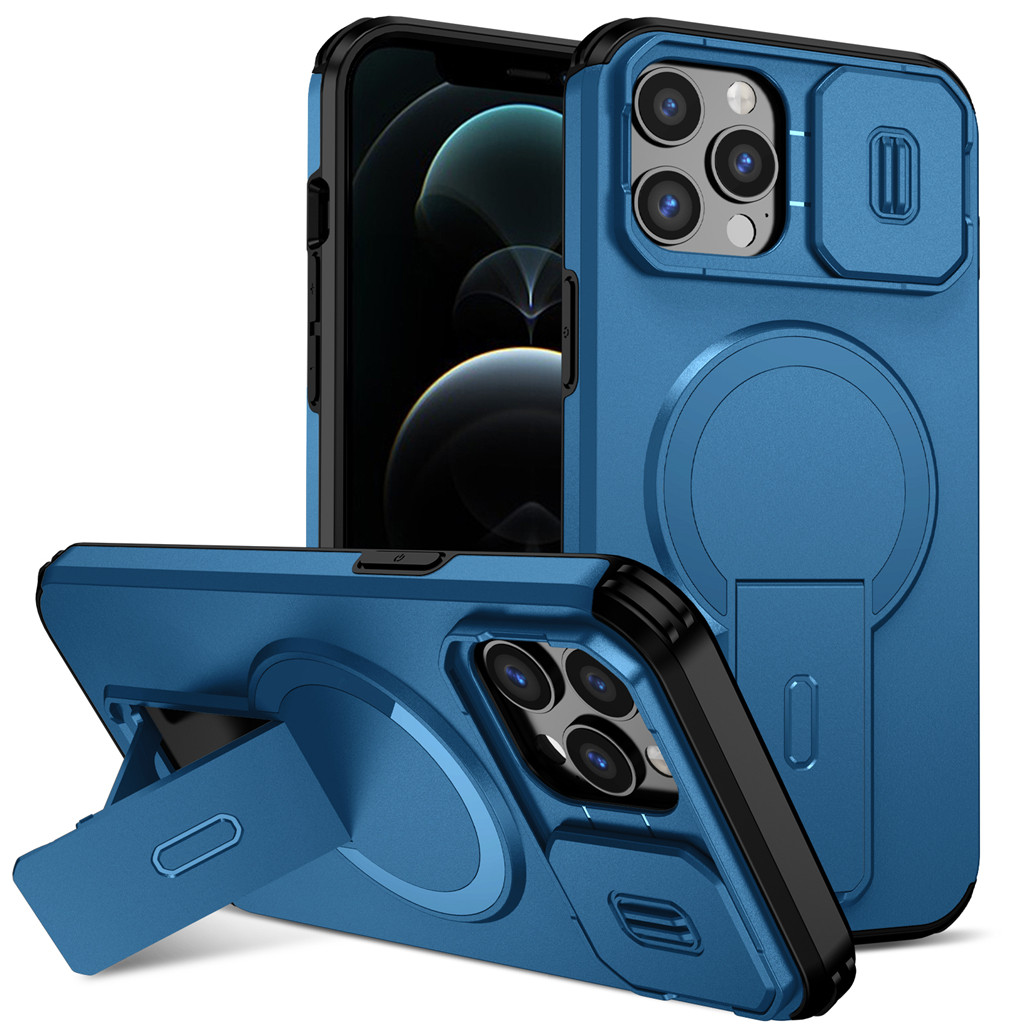 มีฝาปิดกล้องไอโฟน Case พร้อมฝาครอบกล้องเคสโทรศัพท์สําหรับ iPhone 15 ProMax 14 Plus 13 Mini 12 11 Pro Max 5G ผู้ถือขาตั้งปลอกแม่เหล็กกันกระแทกป้องกัน