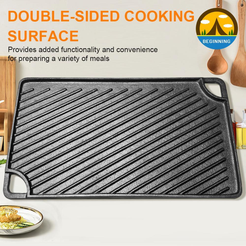 16.5X9.5 นิ้วเหล็กหล่อ Skillet Reversible Flat Pan สี่เหลี่ยมสําหรับแก๊สเตาตั้งพื้นเตาอบหรือเปิดไฟสํ