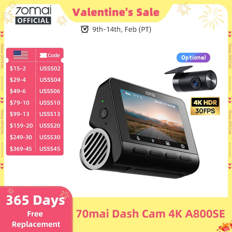 70mai Dash Cam 4K A800SE UHD รองรับ Dual-Channel 24H ที่จอดรถ HDR Supercapacitor Wifi 6 ควบคุมเสียงอ