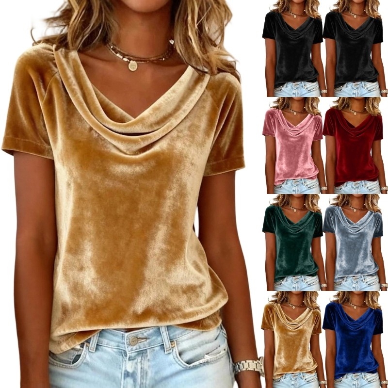 BST ผู้หญิงแฟชั่นเสื้อยืดกํามะหยี่ Cowl ออกแบบคอแขนสั้นหลวม Fit สําหรับงานเลี้ยงอาหารค่ําและสวมใส่ทุ
