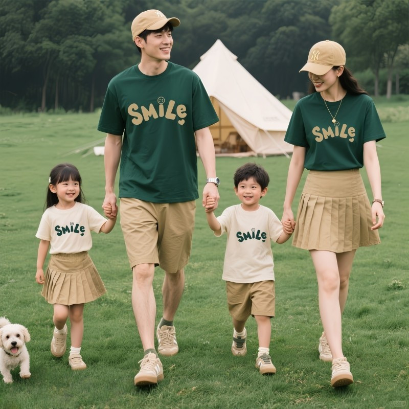 ชุดเสื้อยืดครอบครัวพร้อมพิมพ์ยิ้ม สวมใส่ง่ายสำหรับสมาชิกทุกวัย