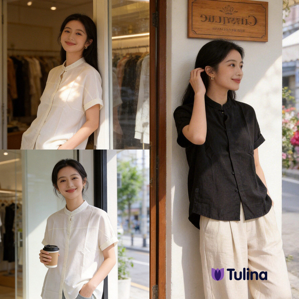 เสื้อเชิ้ตแขนสั้น ทรงคอจีน สไตล์ญี่ปุ่น เนื้อผ้าพรีเมียม ระบายอากาศดี