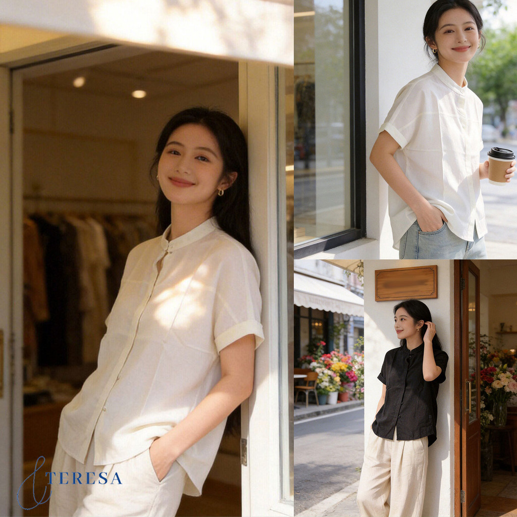 เสื้อเชิ้ตแขนสั้น ทรงคอจีน สีเอิร์ธโทน แมตช์ง่ายกับทุกชุด – โปรปัง