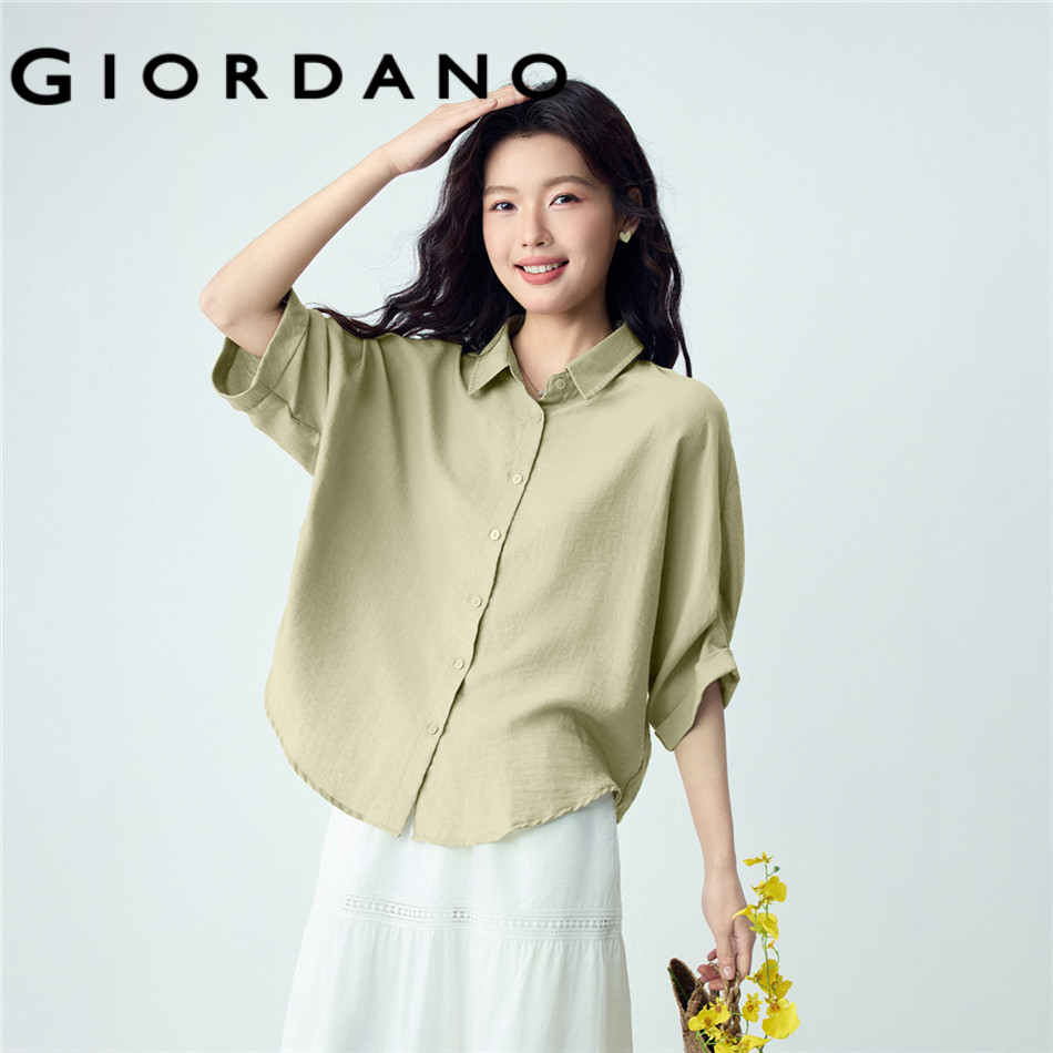 GIORDANO WOMEN Linen blend adjustable 3/4 sleeve loose shirt 13346135