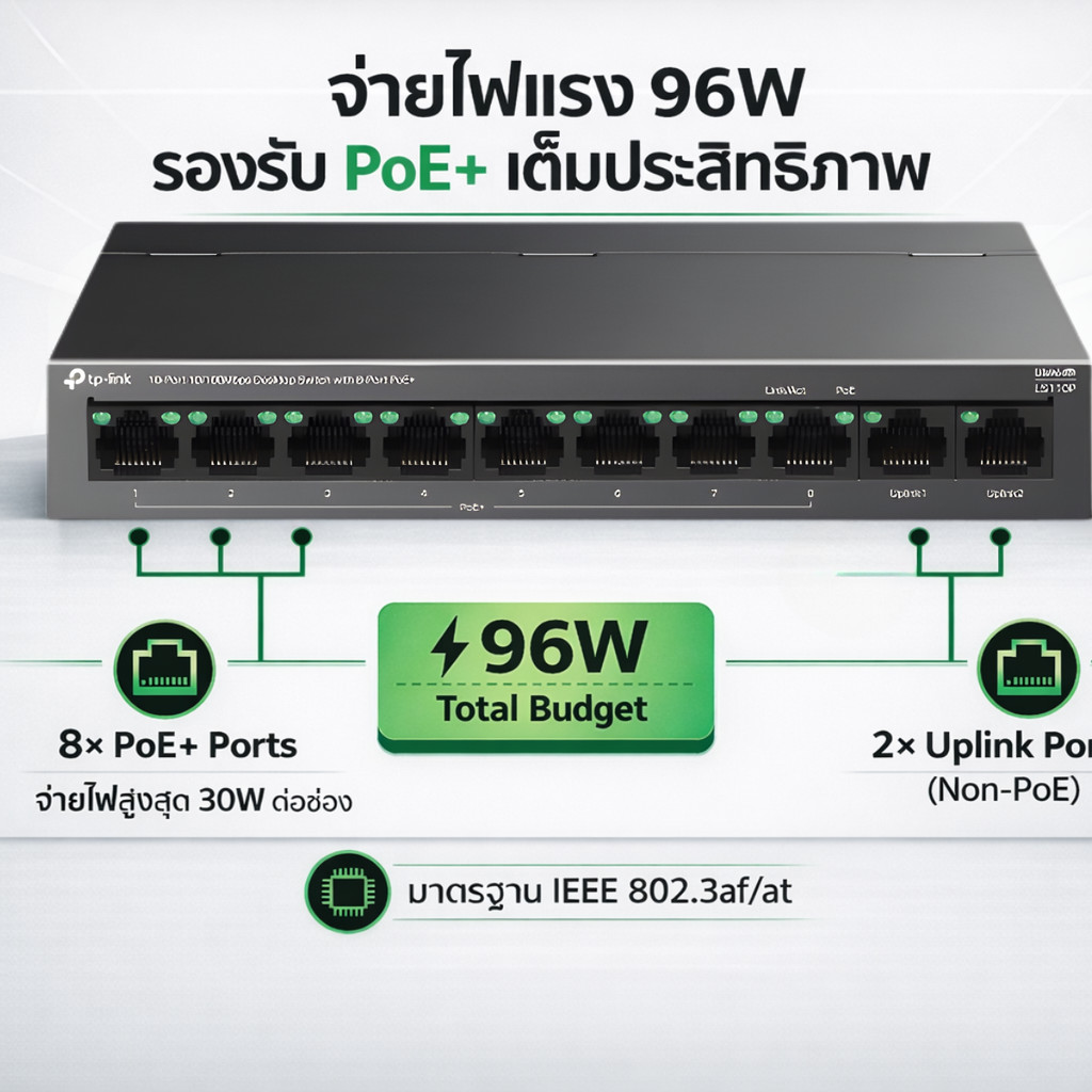 TP-Link LS110P 10-Port 10/100Mbps Desktop Switch with 8-Port PoE+ 96W ประกันศูนย์ไทย ราคา ถูกที่สุด ดีลบีเคเค แกลเลอรีภาพที่ 3