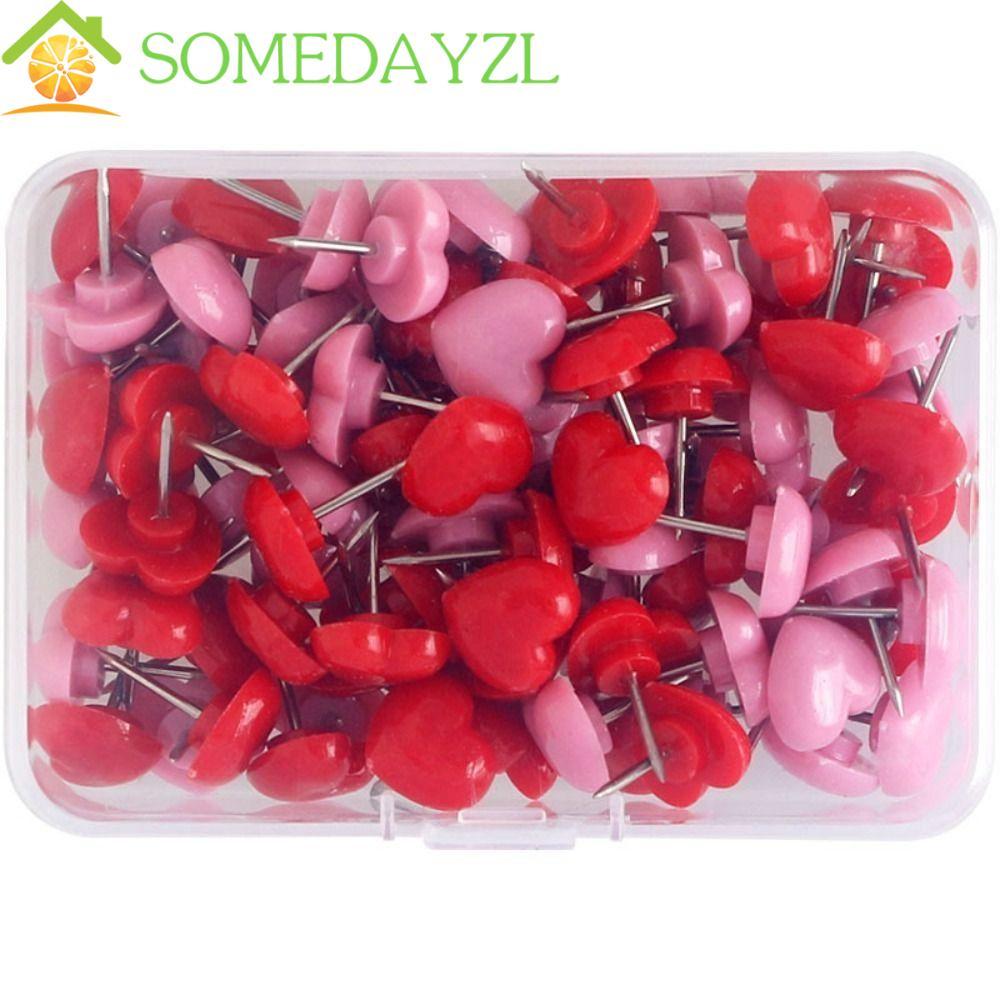 SOMEDAYZL 50 ชิ้น Push Pins รูปหัวใจน่ารัก พลาสติกสี พร้อมหมุดโลหะ PP สําหรับติดบอร์ดและผนัง เครื่องเขียนโรงเรียน