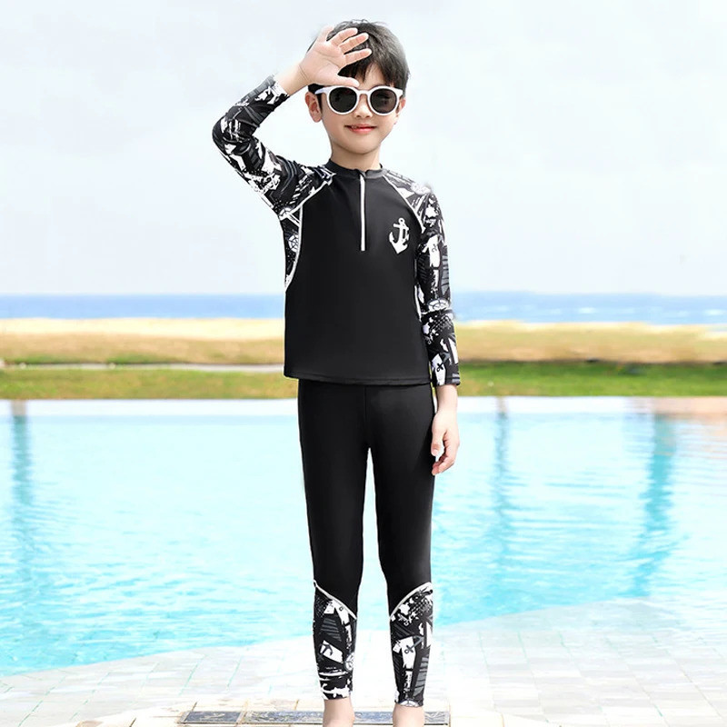 Full Body ชุดว่ายน้ําเด็กชาย Sun Protection ชุดว่ายน้ําเด็กสองชิ้นเด็กแขนยาวชุดว่ายน้ําฤดูร้อนเสื้อผ้าสระว่ายน้ํา