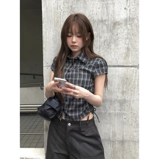 LUNA~Xตาราง เวอร์ชั่นเกาหลี เสื้อแขนสั้น เสื้อเชิ้ต รุ่นใหม่ สไตล์แฟชั่น