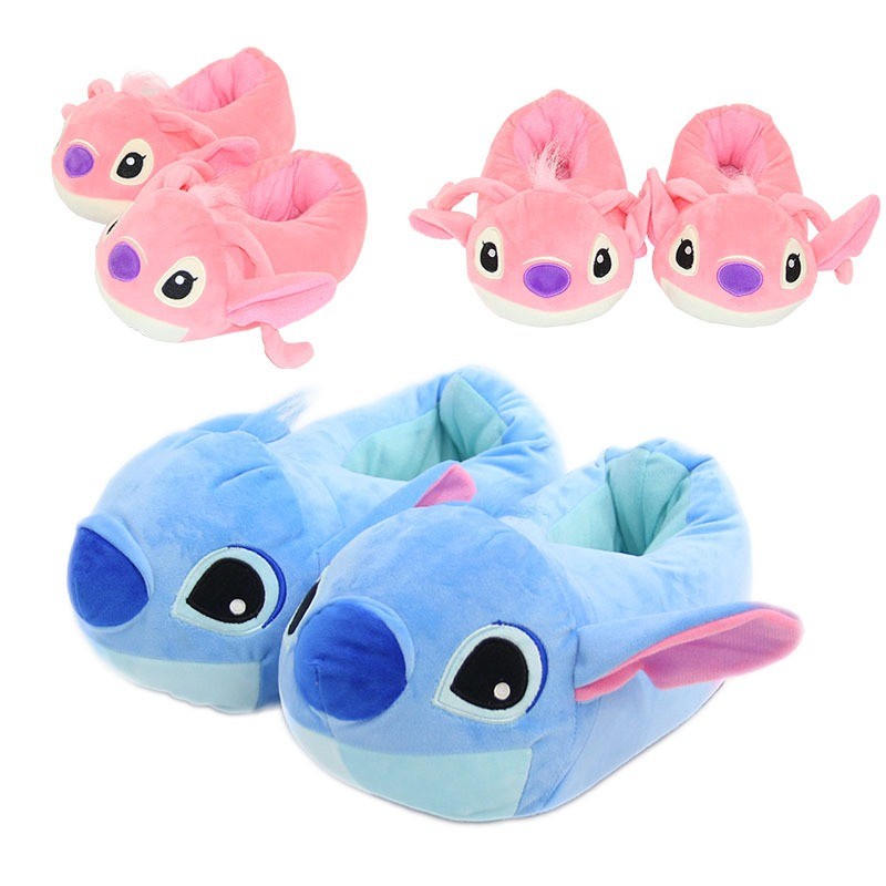 รองเท้าแตะฝ้ายสไตล์ anime Stitch และ psyduck สำหรับฤดูใบไม้ร่วงและหน้าหนาว สีชมพูพร้อมลายพิมพ์Angel 