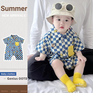 ฤดูร้อนเสื้อผ้าเด็กทารกชายหญิงแขนสั้น ชุดรอมเปอร์ 0-24 เดือนทารกแรกเกิด สุด ๆ หล่อ โปโล กระดานหมากรุก สไตล์เกาหลีบอดี้สูท