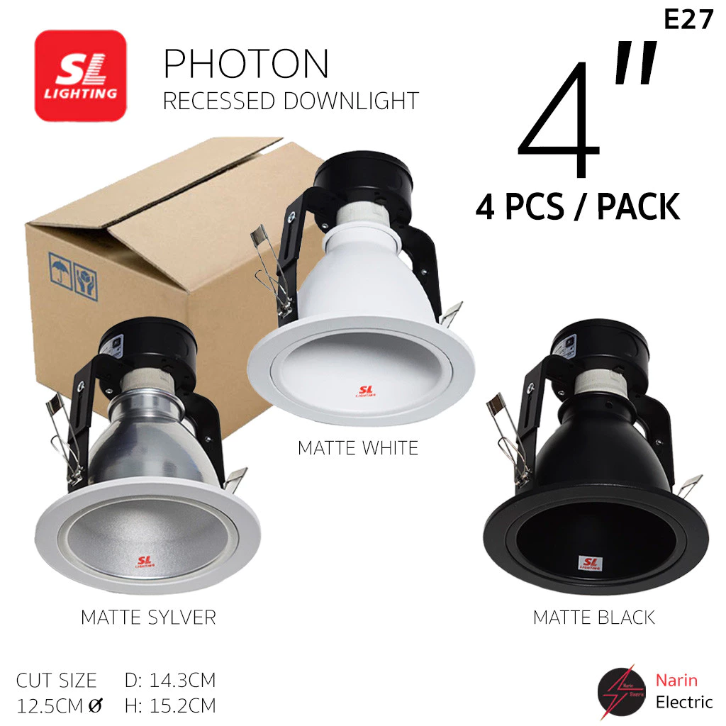 (แพ็ค 4 ชิ้น) SL Lighting โคมฝังฝ้า ดาวน์ไลท์ 4 นิ้ว ขั้ว E27 รุ่น PHOTON (ขาวด้าน/ดำด้าน/เงินด้าน) | เฉพาะโคม