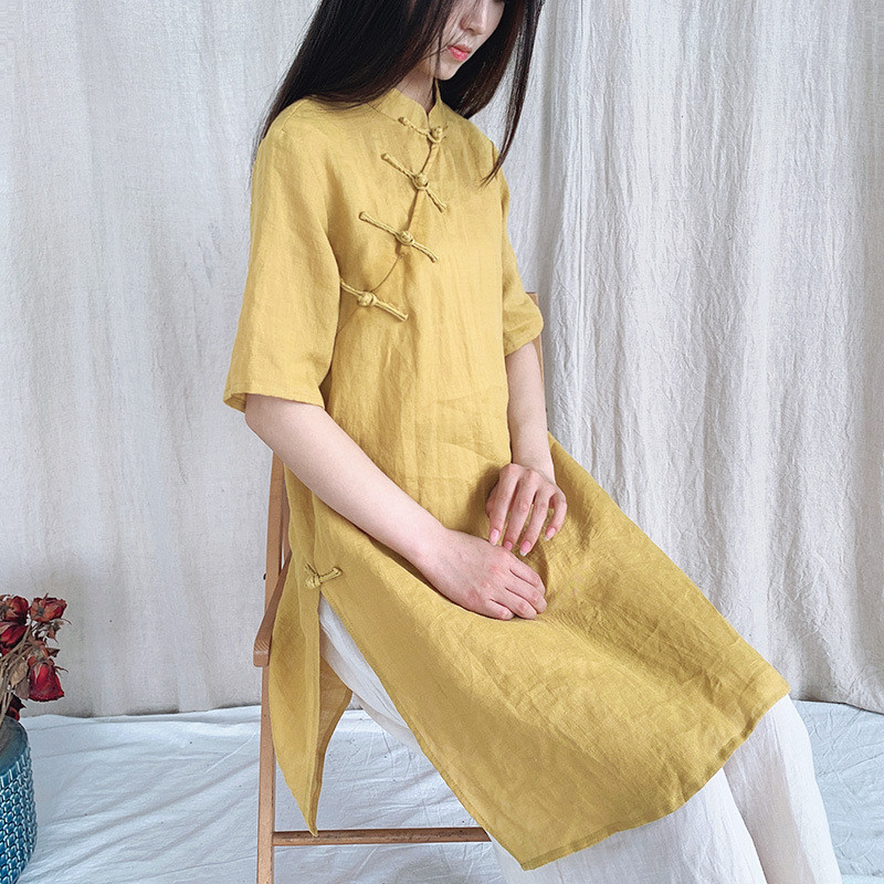 Qingyun Ramie Buckle Cheongsam ชุดจีนกระโปรงยาวปานกลาง จาก Seysi ร้านเสื้อผ้า