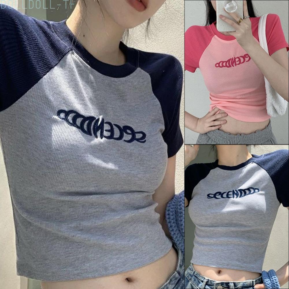 [Dolldoll]T Shirt Solid Color Student Tops Y2K Casual Crop Tops For Summer O Neck