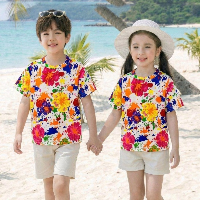 เสื้อยืดเด็กแขนสั้น ต้อนรับซัมเมอร์ สีสันสดใส เด็กหญิงเด็กชายใส่ได้ ผ้าฝ้ายผสม