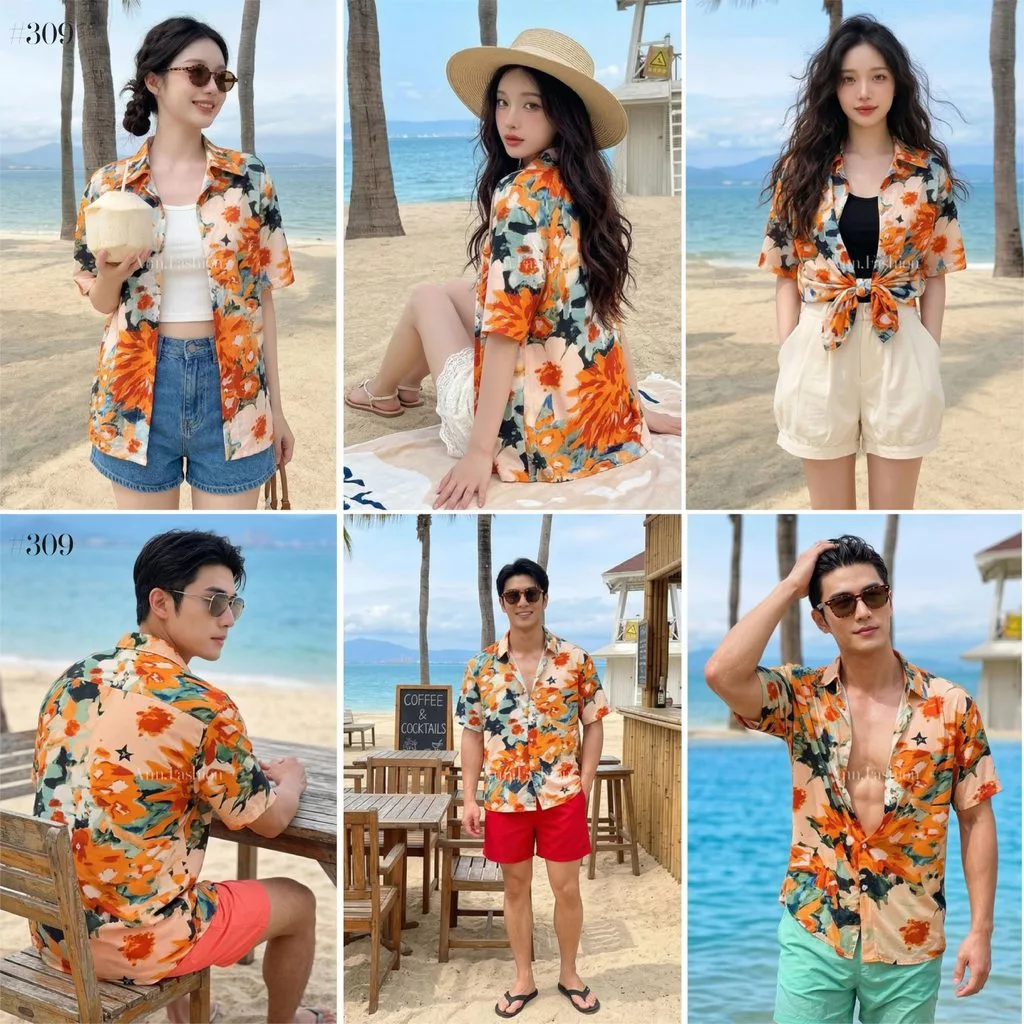 เสื้อลายดอกฮาวายผู้หญิง แขนสั้นกระดุมหน้า ผ้าไหมอิตาลี #312 thumbnail 7