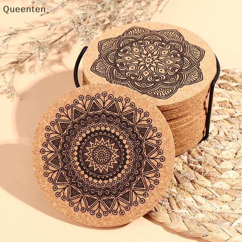 Queenten 12 ชิ้น Mandala Design ที่รองแก้วไม้ทรงกลม Ra Round Cork Coaster QT