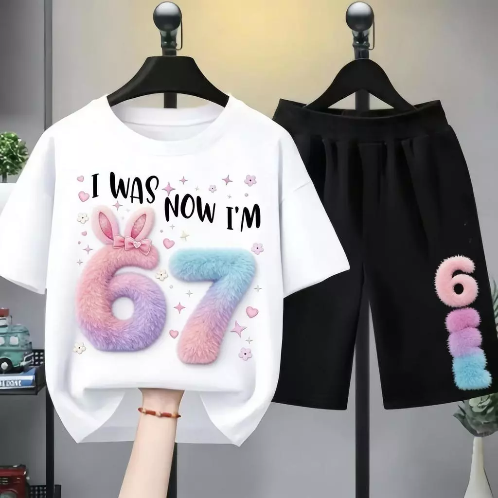ชุดเสื้อยืดเด็กหญิง เสื้อยืดเด็กหญิง ชุดเสื้อเด็กหญิง เสื้อยืดเด็กหญิงชุดสั้น ลาย ตัวเลข 6 7 ขนนุ่ม สีพาสเทล สดใส สำหรับ
