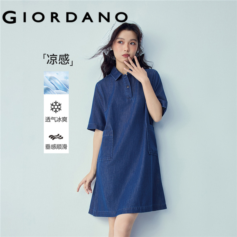 GIORDANO WOMEN Cooling half placket denim dress 13466276 ราคา ถูกที่สุด ดีลบีเคเค