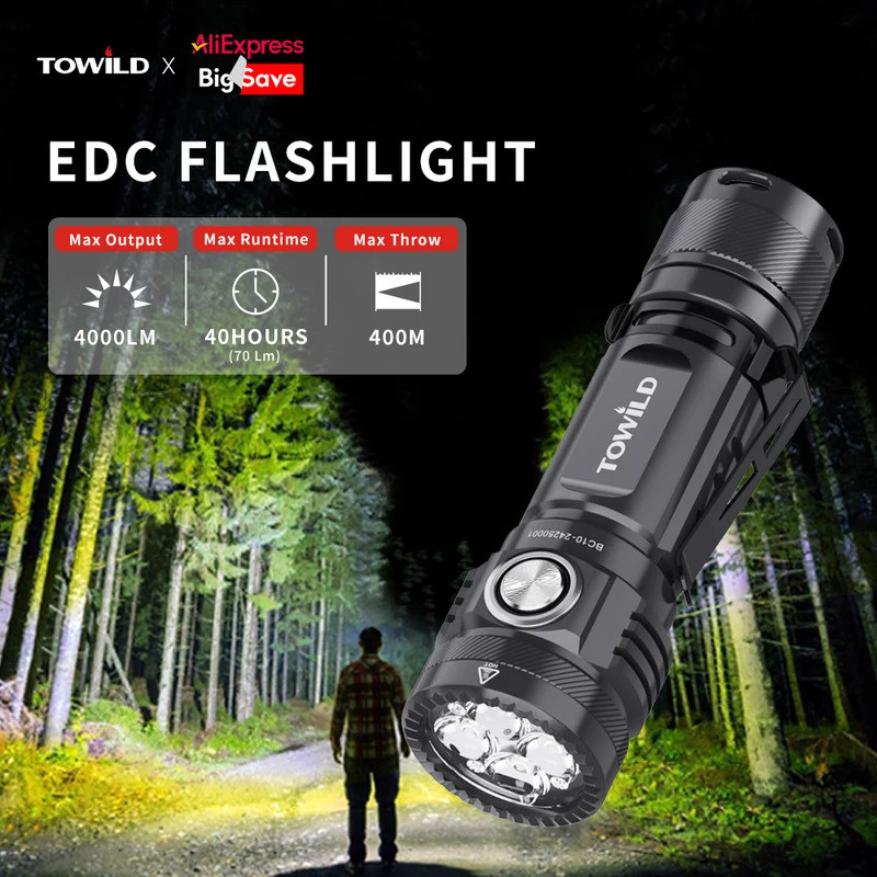 TOWILD BC10 ไฟฉายพกพา 4000LM IPX8 LED สูง พลังงานสำหรับแคมปิ้งและOutdoor