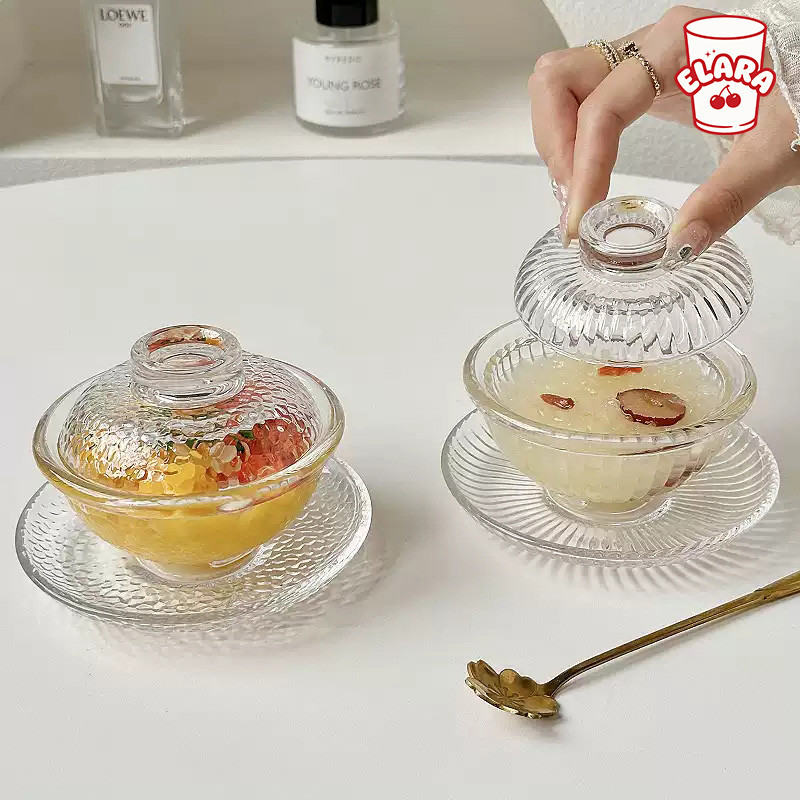 ชุดแก้วกระจกฝา+จาน 140ml 3 ลาย (มัน/ริ้ว/ลายกระทัด) | แก้วหวานอ่าว แก้วของหวาน แก้วชา แก้วกาแฟ