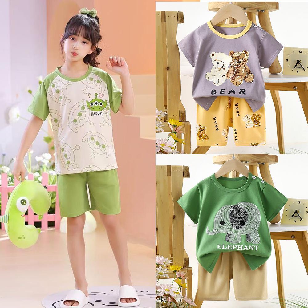 LL Stores 【Kid's Kingdom66】เด็กหญิง, เด็กผู้ชาย น่ารักชุดเซทเสื้อแขนสัน+กางเกงขาสั้น เซท 2 ชิ้น ชุดย