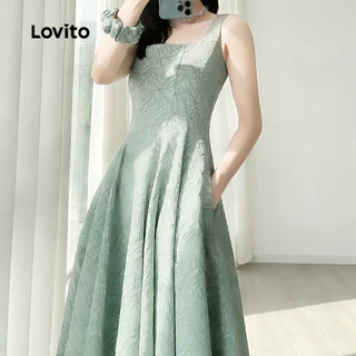 Lovito เดรสทรงสวย มีกระเป๋า ดีไซน์เรียบหรู สำหรับฤดูใบไม้ผลิ/ฤดูร้อน สีเขียว สำหรับผู้หญิง เกาหลี อินเทรนด์ L177AD106