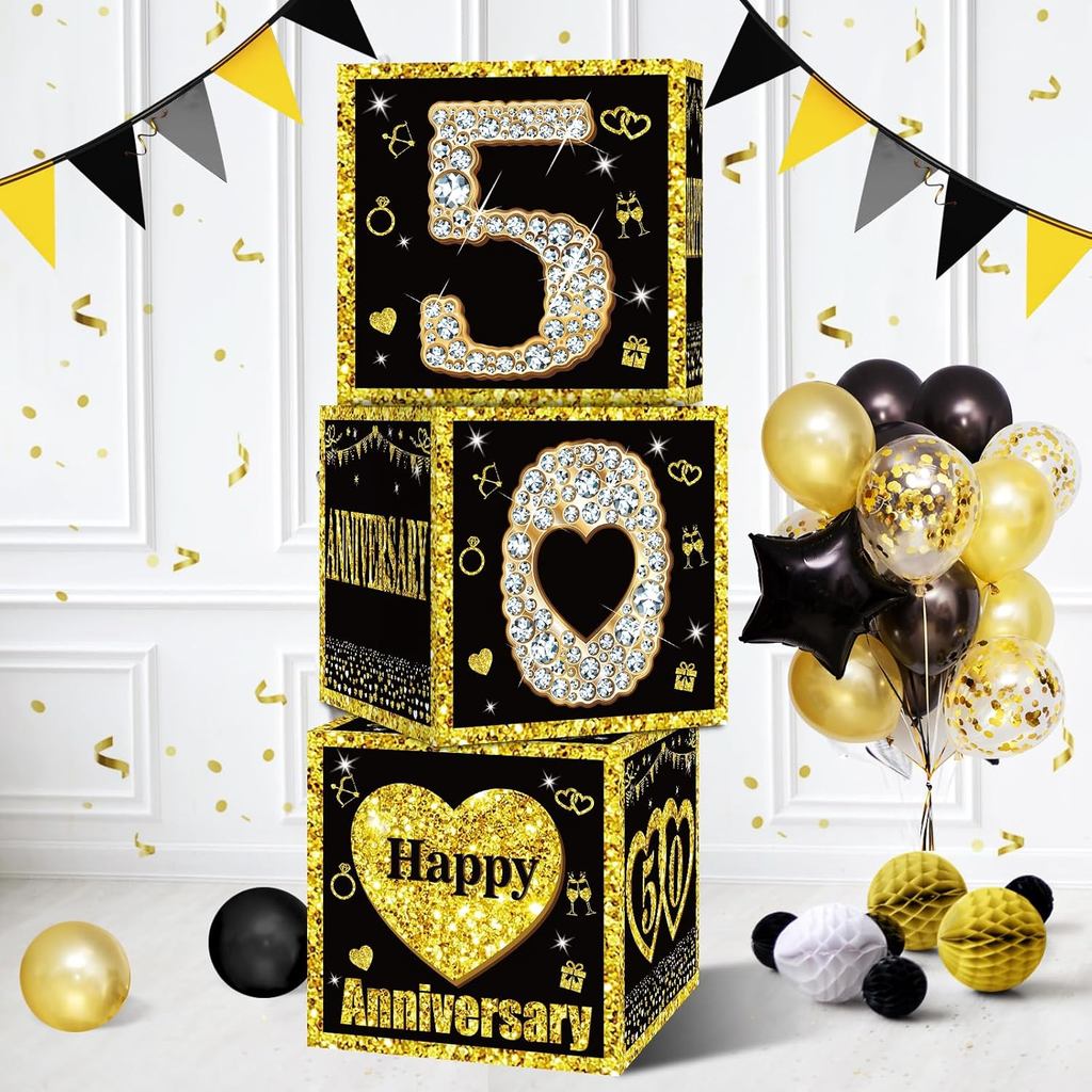 Zirtorei 3 ชิ้น 50 ปีกล่องตกแต่ง,สีดําทอง Happy 50 ครบรอบบอลลูนกล่อง Party Supplies, ไชโย 50 ปี Gold