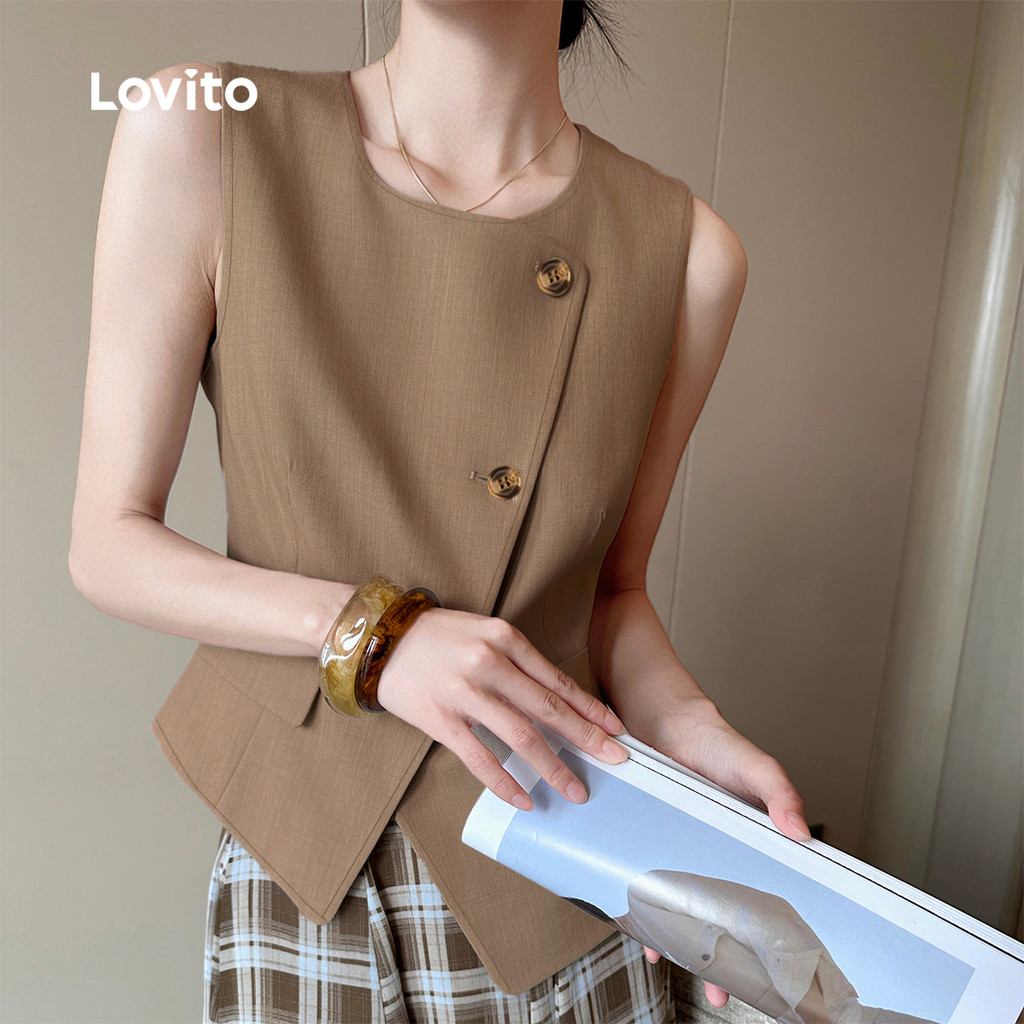Lovito  เสื้อลําลองผู้หญิงฤดูใบไม้ผลิ/ฤดูร้อนปกปุ่มไม่สมมาตรกระเป๋าปลอมสีคากิ L178ED2146 ราคา ถูกที่สุด ดีลบีเคเค แกลเลอรีภาพที่ 4