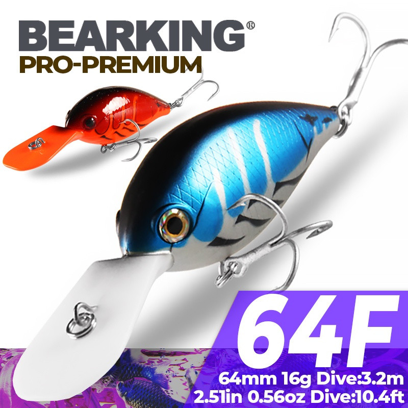 BEARKING อุปกรณ์ตกปลาคุณภาพมืออาชีพเหยื่อตกปลาร้อนข้อเหวี่ยงลึก 64 มม.16g ดําน้ํา 3.2 M 9 สีที่แตกต่างกันเหยื่อแข็ง
