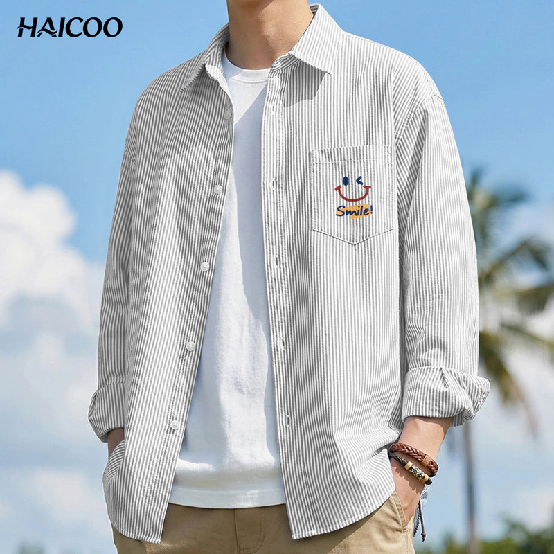 HAICOO เสื้อผู้ชาย ลายทาง สไตล์มินิมอล ทรงสวยเนื้อผ้าดี ไม่ร้อน ระบายอากาศ ใส่เที่ยว/ทำงาน
