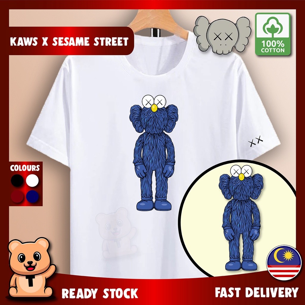 เสื้อยืด KAWS x Sesame Street ทำจากผ้าฝ้าย 100%, สไตล์ STREETWEAR UNISEX สำหรับทั้งผู้ชายและผู้หญิง
