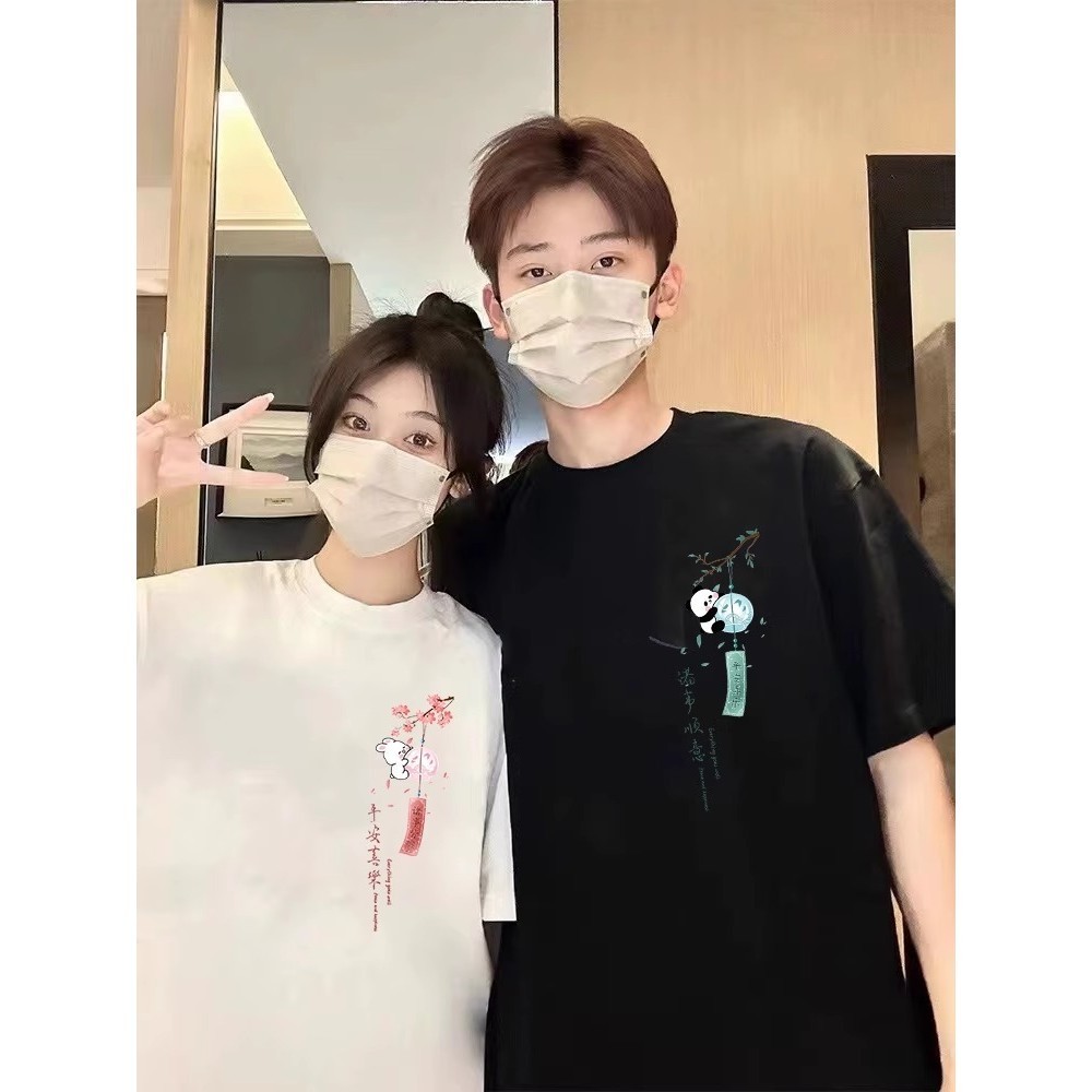 COD220G ผ้าฝ้าย 100%SI Unisex เสื้อยืดแขนสั้นผู้หญิงผู้ชายผู้หญิง Baggy คอรอบคอหลวมพิมพ์คู่ที่ไม่ซ้ํ