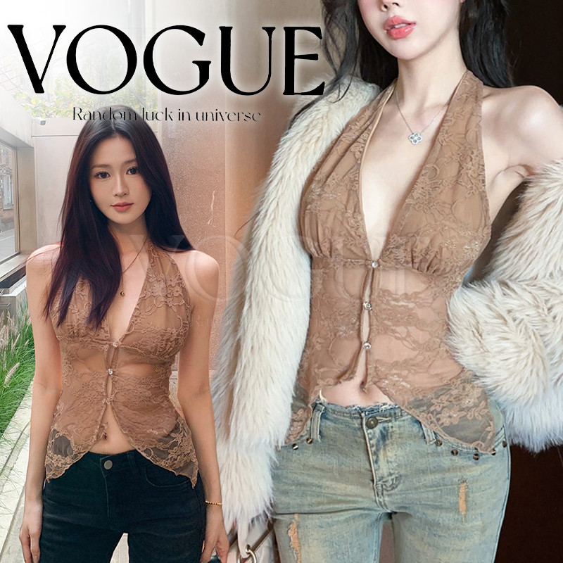 Vogue🌟พร้อมส่ง🌟 เสื้อคล้องคอ ผ้าลูกไม้ซีทรู กระดุมหน้า ชายแหลม เข้ารูปไม่มีฟองน้ำ (FY1183)