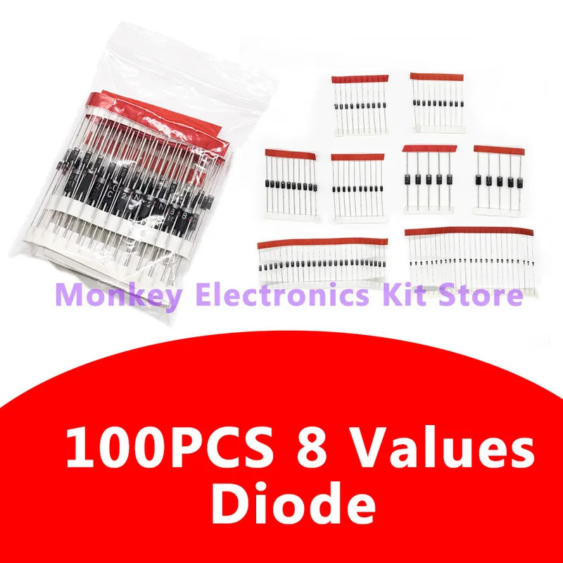 8 Values100PCS Diode Electronic Component Kit Fast Switching Schottky ชุด 1N4148 1N4007 1N5819 1N539