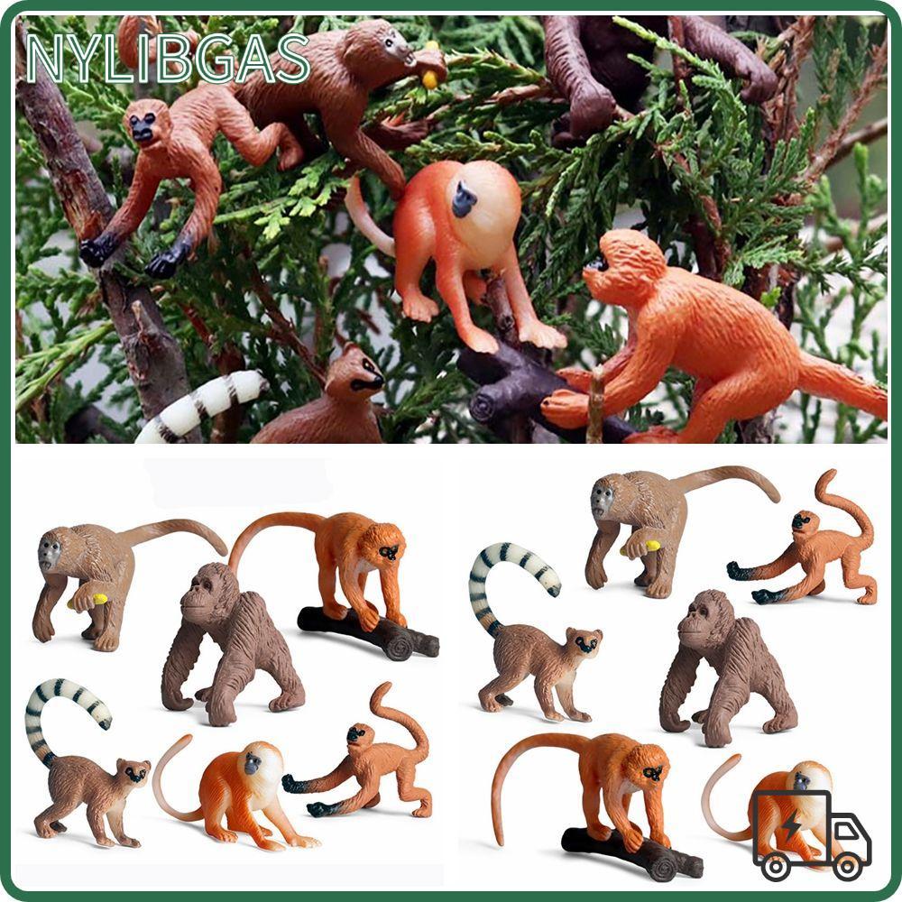 NYLICGAS 6PCS เหมือนจริงลิงรุ่นฉากสวนสัตว์จําลองที่สมจริง Gibbon Cubs