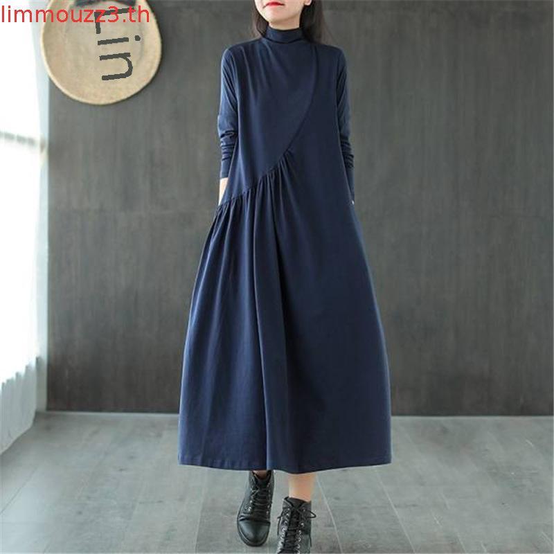 Tdg ชุดเดรสกระโปรง แขนยาว คอเต่า เอวสูง ทรงหลวม ขนาดใหญ่ สีพื้น สําหรับสตรี