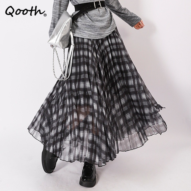 กระโปรง Tulle Midi ลายสก๊อต Flowy A-line พิมพ์สไตล์วินเทจ