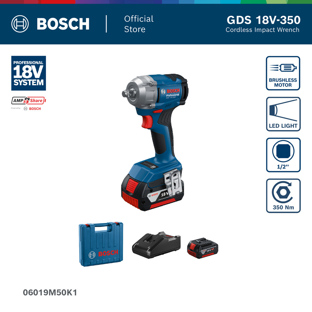 BOSCH GDS 18V-350 Professional บล็อกลมไร้สาย 18V แรงบิด 350Nm (รหัส 06019M50K1)