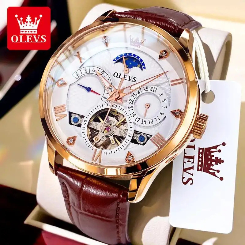 OLEVS มะกอก 6652 โครงกระดูกชั้นนําดวงจันทร์เฟสนาฬิกากลไกอัตโนมัติสําหรับผู้ชายแฟชั่นสไตล์ยอดสายหนังก