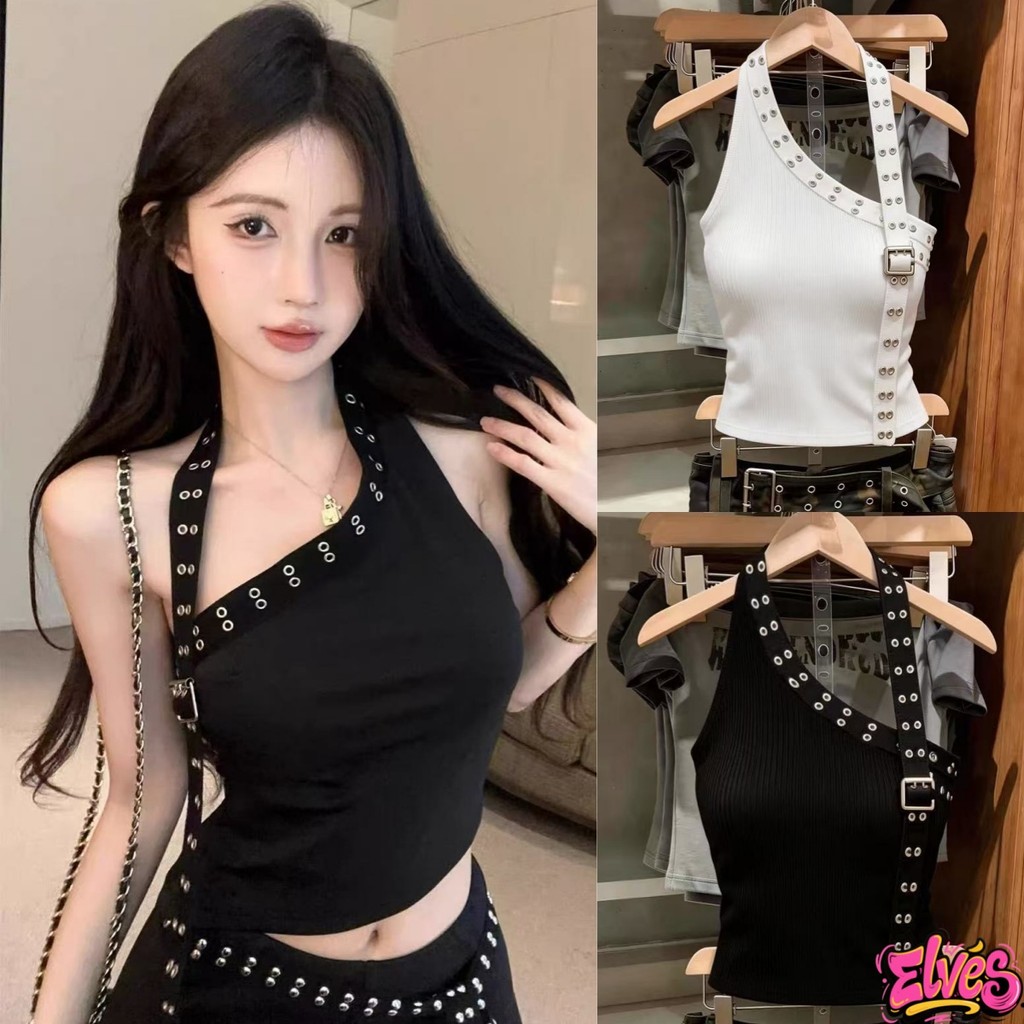 Elves พร้อมส่ง💟เสื้อคล้องคอ แต่งสายอะไหล่เก๋ๆ เปิดหลังเสริมฟองน้ำ มี2สี เสื้อแฟชั่น"FY2940#1 "