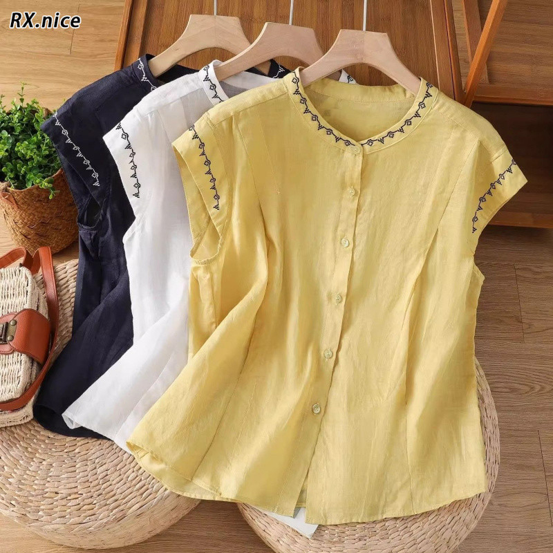 เสื้อแขนกุดไซส์เล็ก ลายปักผ้าฝ้ายลินิน retro สไตล์คลาสสิกสำหรับฤดูร้อน