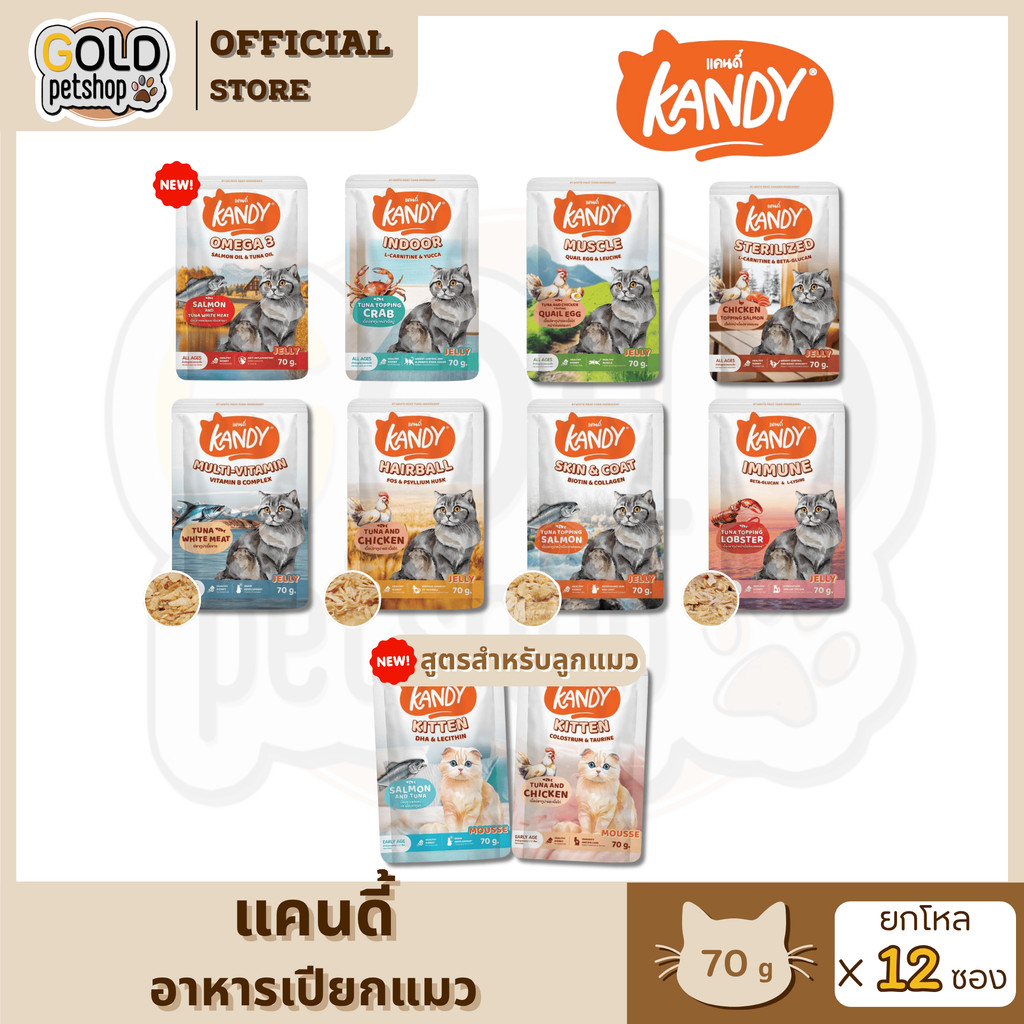 Kandy แคนดี้ (12 ซอง) อาหารเปียกแมว ไม่ใส่เกลือ ผลิตจากปลาเนื้อขาว ขนาด 70 กรัม