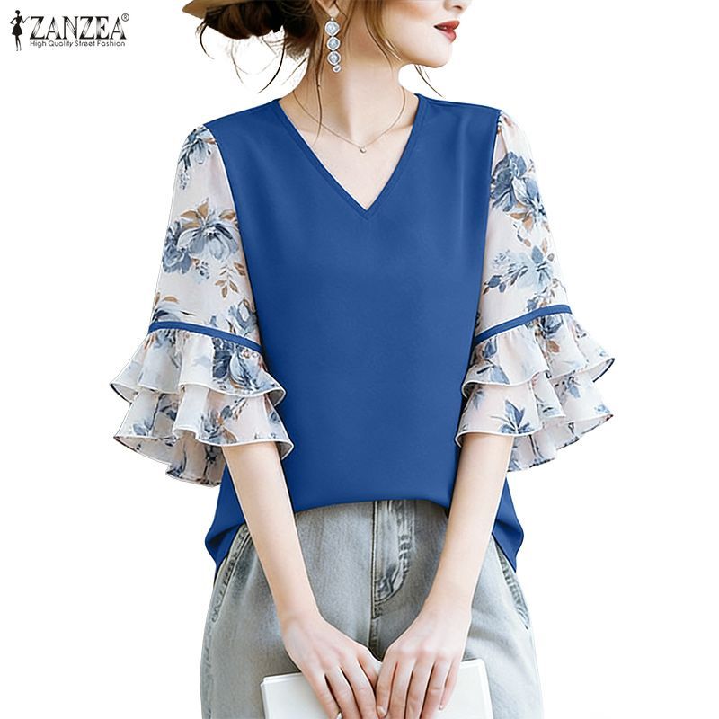 ZANZEA สไตล์เกาหลี ผ้าพิมพ์ลาย꽃 คอวีแขนระบาย สีบล็อกสำหรับสาวๆ